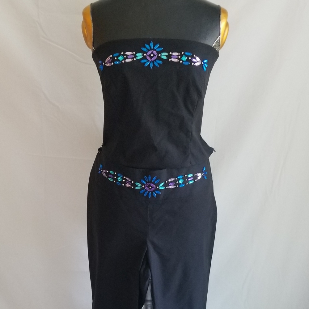 Jeweled Black Crop Top and Pants set